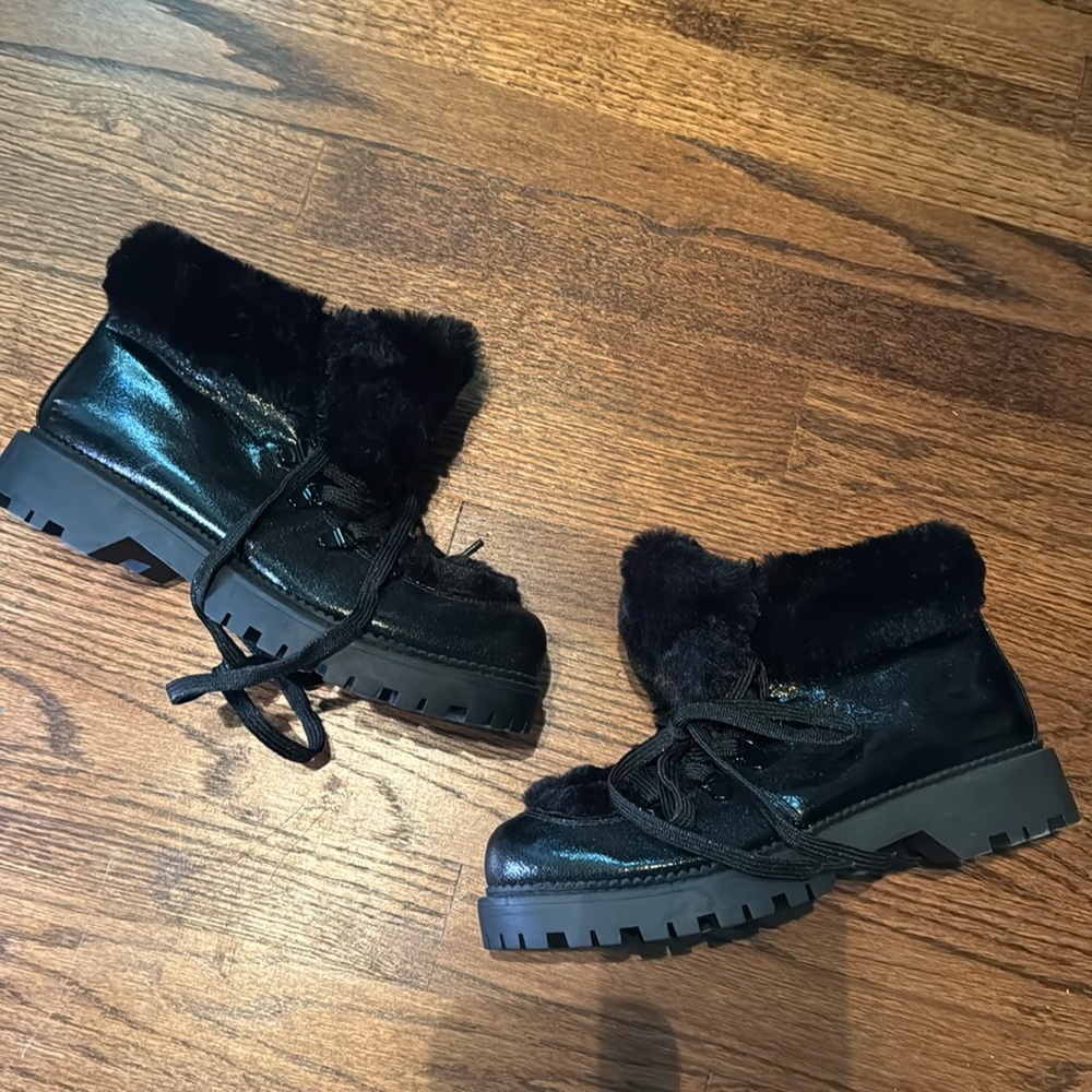 Circus fuzzy patent leather booties